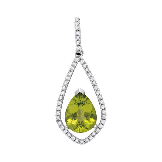 14k White Gold Pear Peridot Teardrop Diamond Pendant 2 Cttw