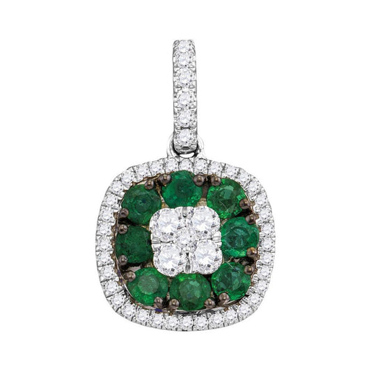 18k White Gold Round Emerald Diamond Square Cluster Pendant 7/8 Cttw