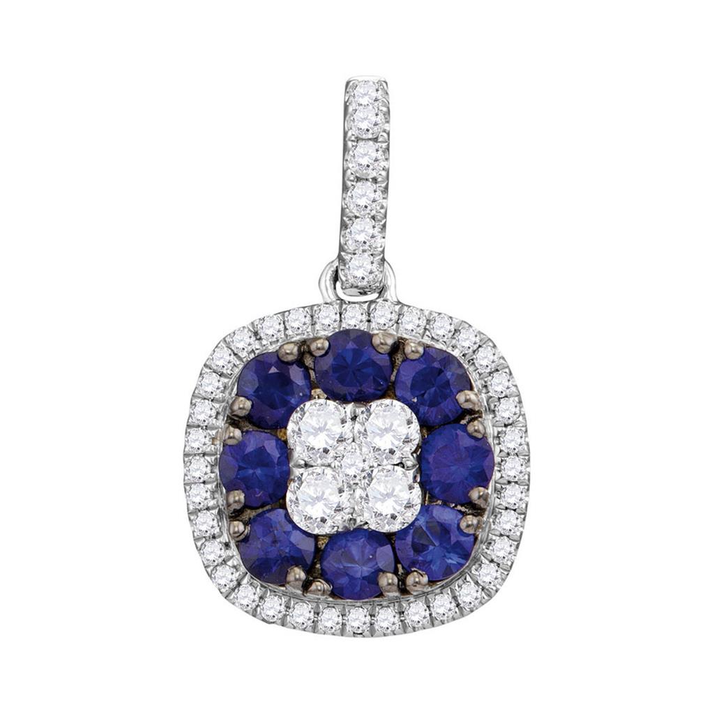 18k White Gold Round Blue Sapphire Diamond Square Cluster Pendant 1 Cttw