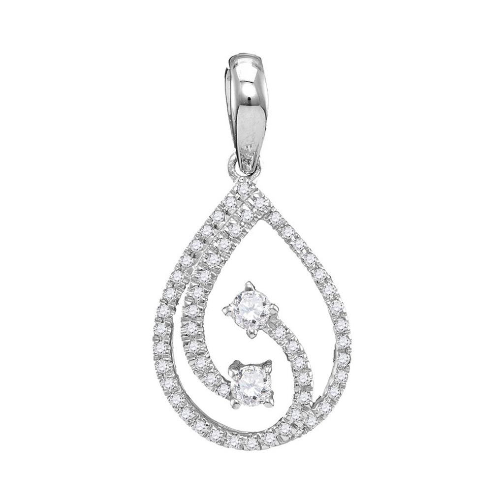 14k White Gold Round Diamond 2-stone Hearts Together Teardrop Pendant 1/5 Cttw