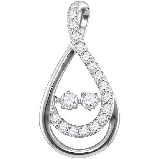 14k White Gold Round Diamond Moving Twinkle 2-Stone Teardrop Pendant 1/2 Cttw