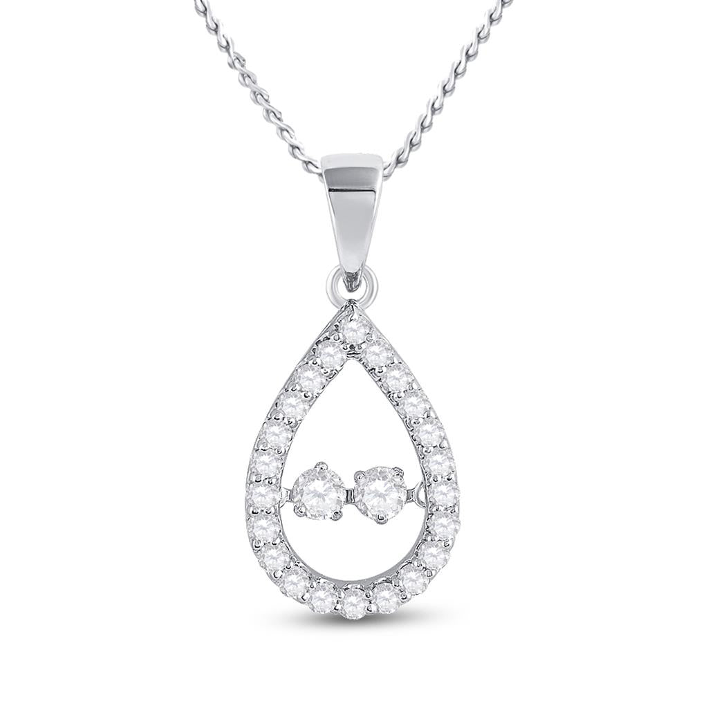 14k White Gold Round Diamond Moving Twinkle 2-Stone Teardrop Pendant 1/2 Cttw