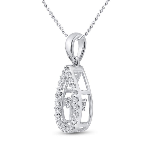 14k White Gold Round Diamond Moving Twinkle 2-Stone Teardrop Pendant 1/2 Cttw