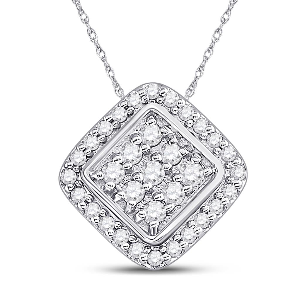 14k White Gold Round Diamond Diagonal Square Frame Cluster Pendant 1/4 Cttw