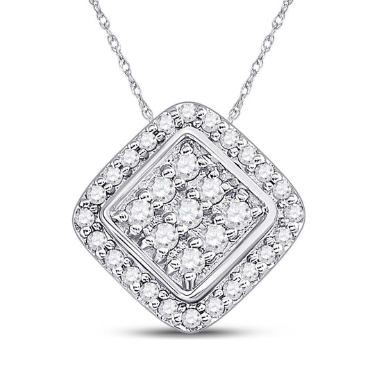 14k White Gold Round Diamond Diagonal Square Frame Cluster Pendant 1/4 Cttw