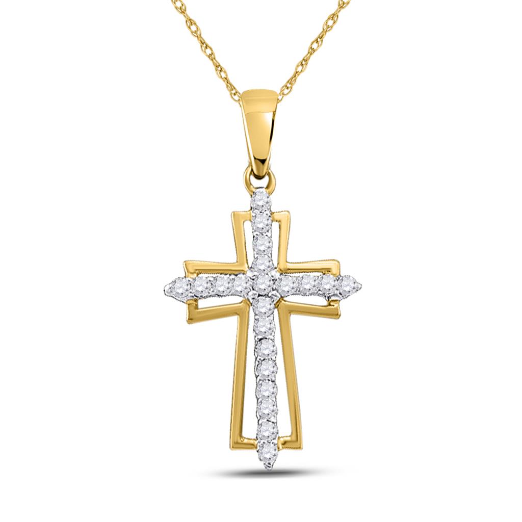 10k Yellow Gold Round Diamond Cross Outline Religious Pendant 1/4 Cttw