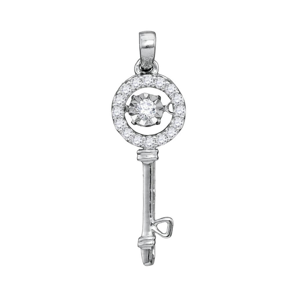 14k White Gold Round Diamond Moving Twinkle Solitaire Key Pendant 1/6 Cttw