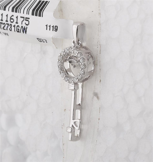 14k White Gold Round Diamond Moving Twinkle Solitaire Key Pendant 1/6 Cttw