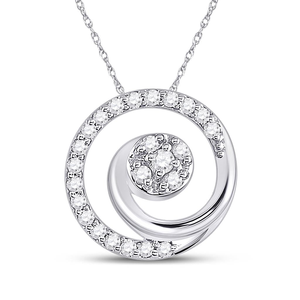 14k White Gold Round Diamond Circle Swirl Cluster Pendant 1/8 Cttw