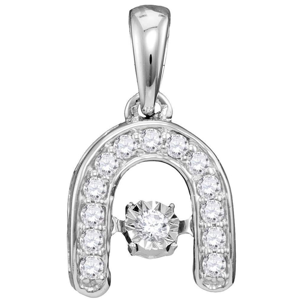 14k White Gold Round Diamond Moving Twinkle Solitaire Horseshoe Pendant 1/8 Cttw