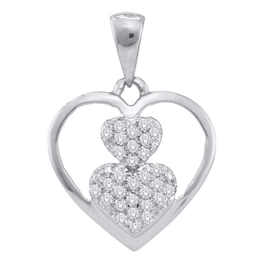 14k White Gold Round Diamond Nested Heart Cluster Pendant 1/6 Cttw