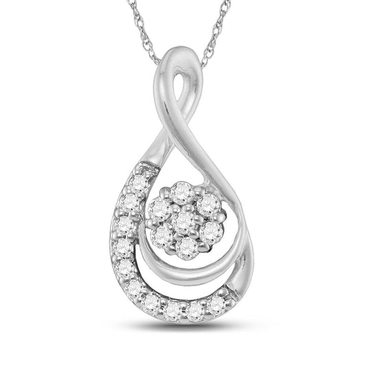 14kt White Gold Round Diamond Flower Cluster Teardrop Pendant 1/10 Cttw