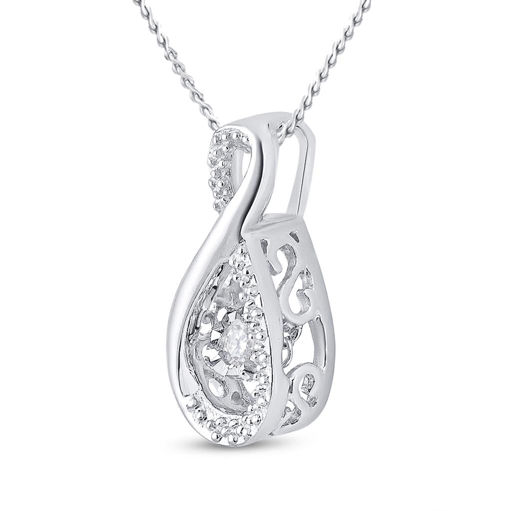 14k White Gold Round Diamond Moving Twinkle Teardrop Pendant 1/20 Cttw