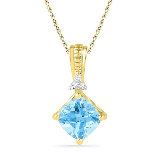 10k Yellow Gold Princess Created Blue Topaz Solitaire Pendant 2-3/8 Cttw