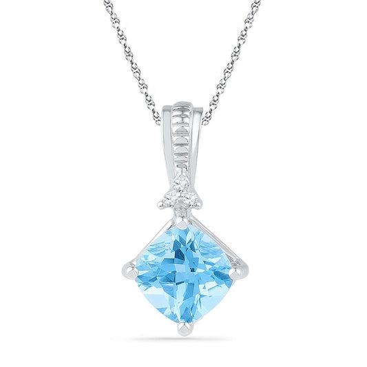 14k White Gold Princess Created Blue Topaz Solitaire Pendant 2-3/8 Cttw