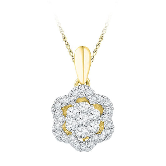 10k Yellow Gold Round Diamond Flower Cluster Pendant 1/5 Cttw