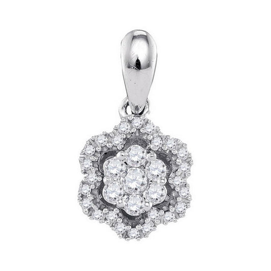 14k White Gold Round Diamond Flower Cluster Pendant 1/5 Cttw