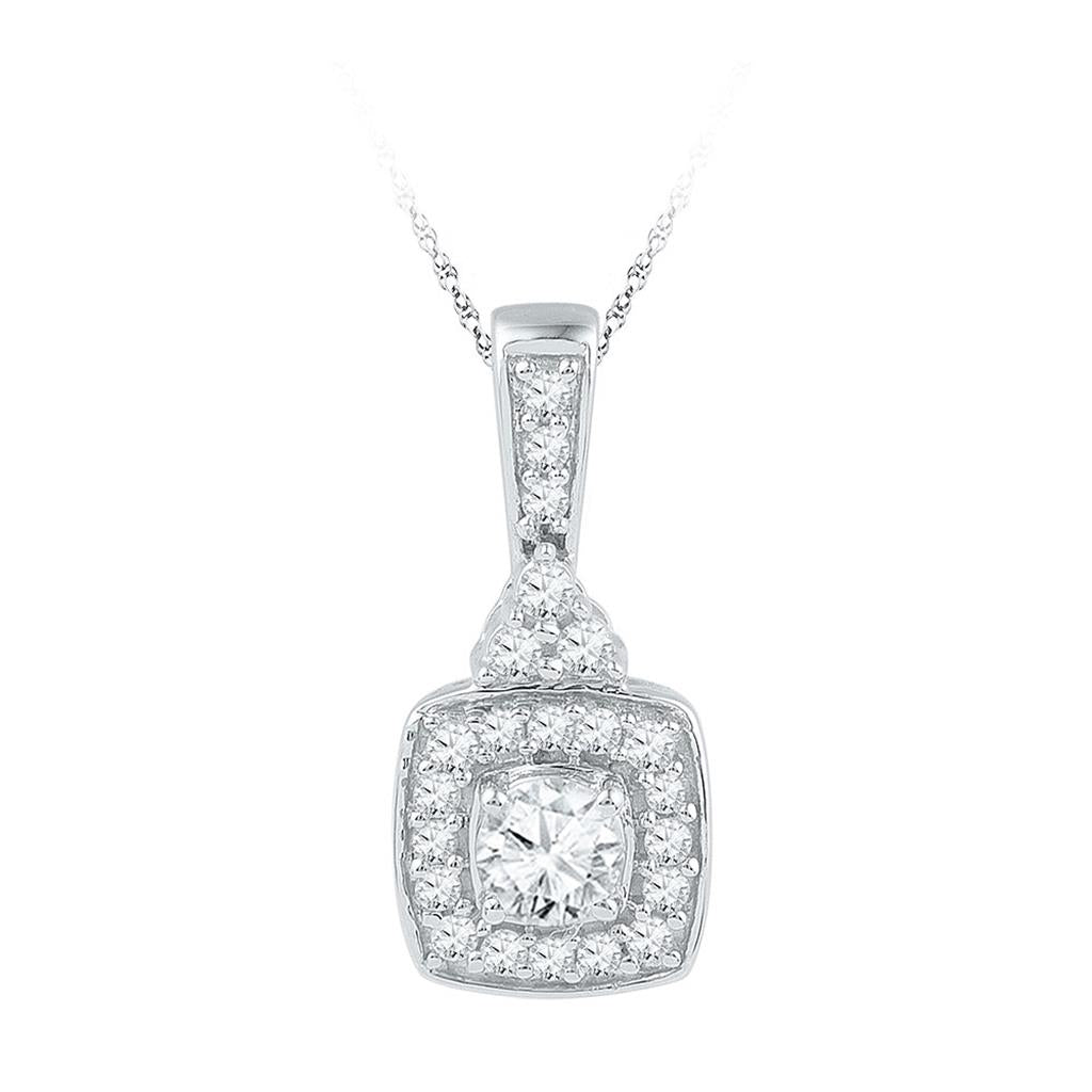 14k White Gold Round Diamond Solitaire Square Pendant 1/2 Cttw