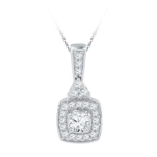 14k White Gold Round Diamond Solitaire Square Pendant 1/2 Cttw