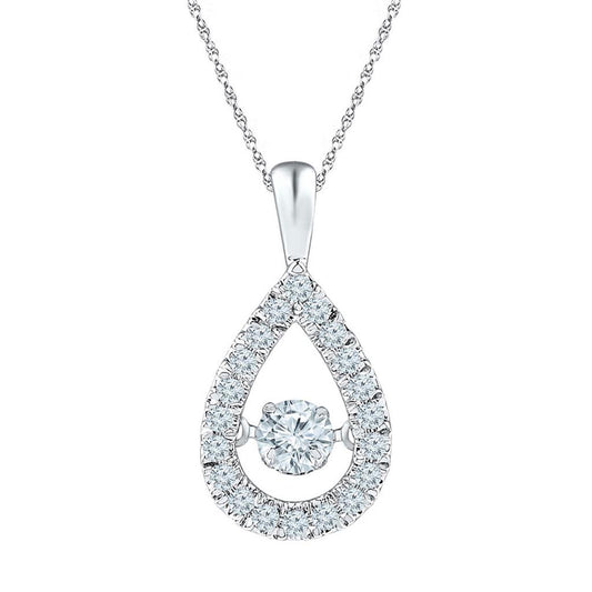 14k White Gold Round Diamond Moving Twinkle Solitaire Teardrop Pendant 3/8 Cttw