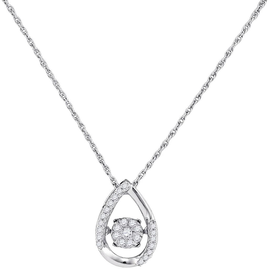 14k White Gold Diamond Teardrop Frame Moving Twinkle Cluster Pendant 1/6 Cttw