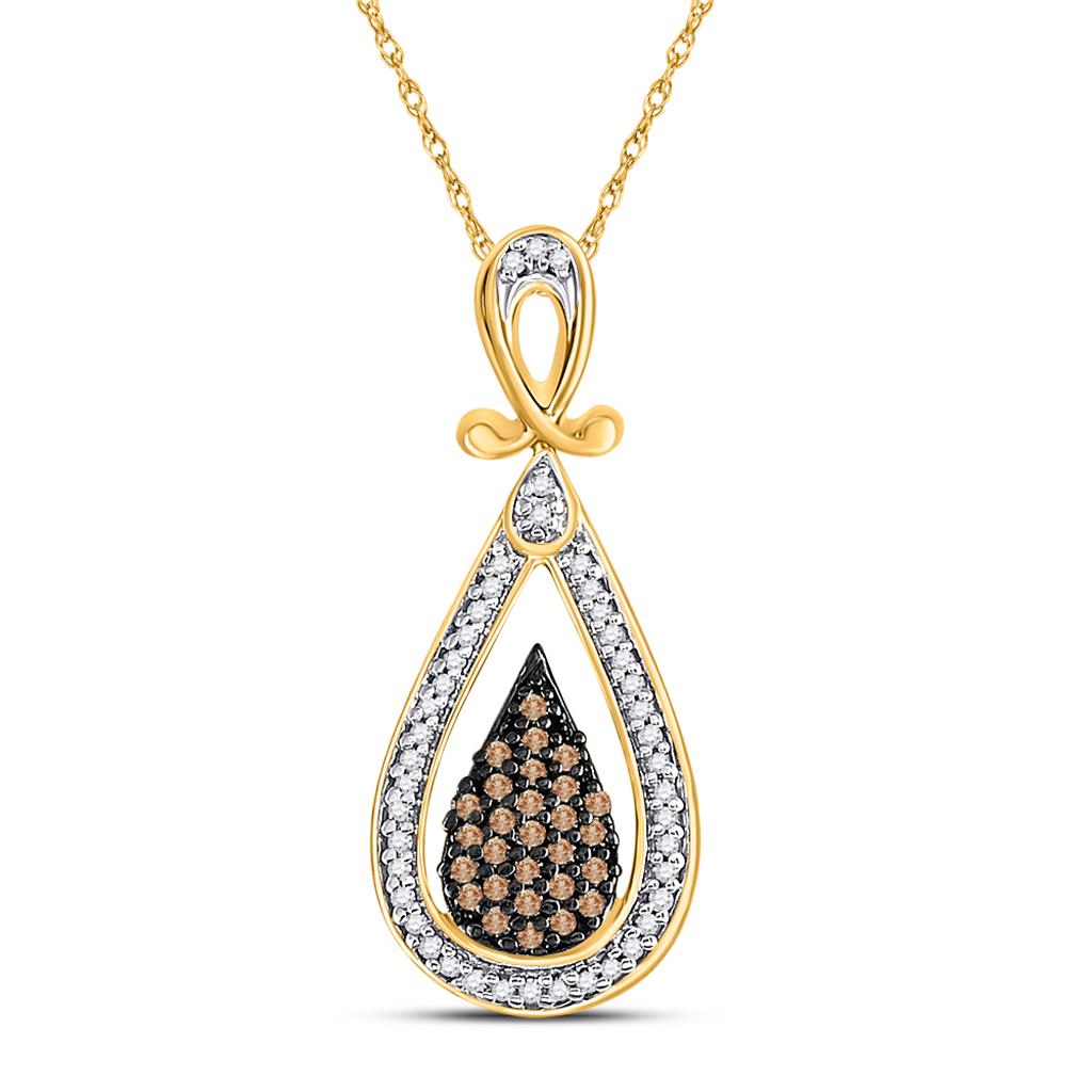 10k Yellow Gold Brown Diamond Teardrop Cluster Pendant 1/4 Cttw