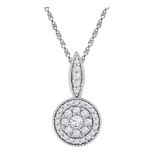 14k White Gold Round Diamond Circle Frame Flower Cluster Pendant 1/3 Cttw