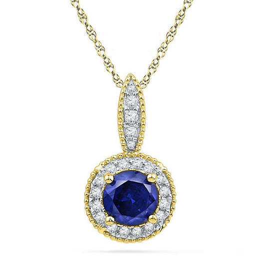 10k Yellow Gold Round Created Blue Sapphire Solitaire Diamond Pendant 1/6 Cttw