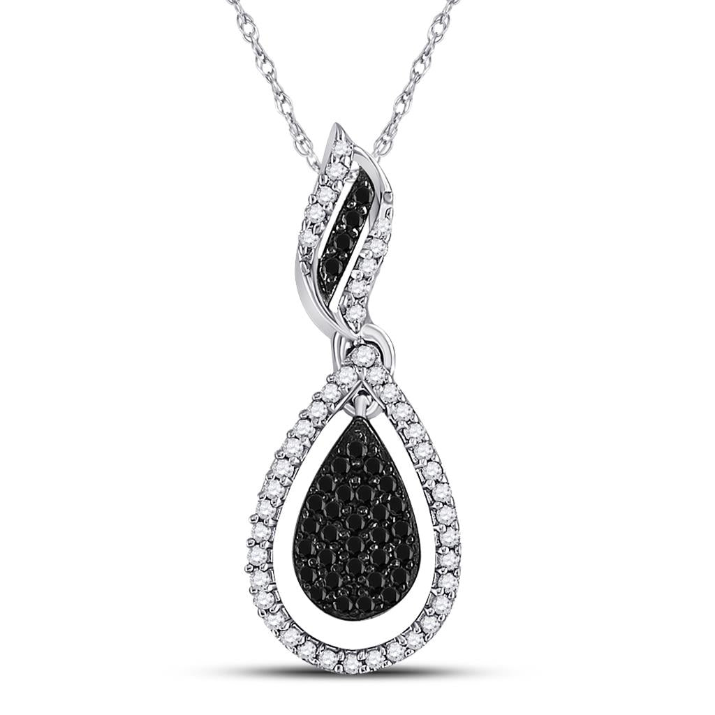 14k White Gold Round Black Diamond Teardrop Pendant 1/3 Cttw