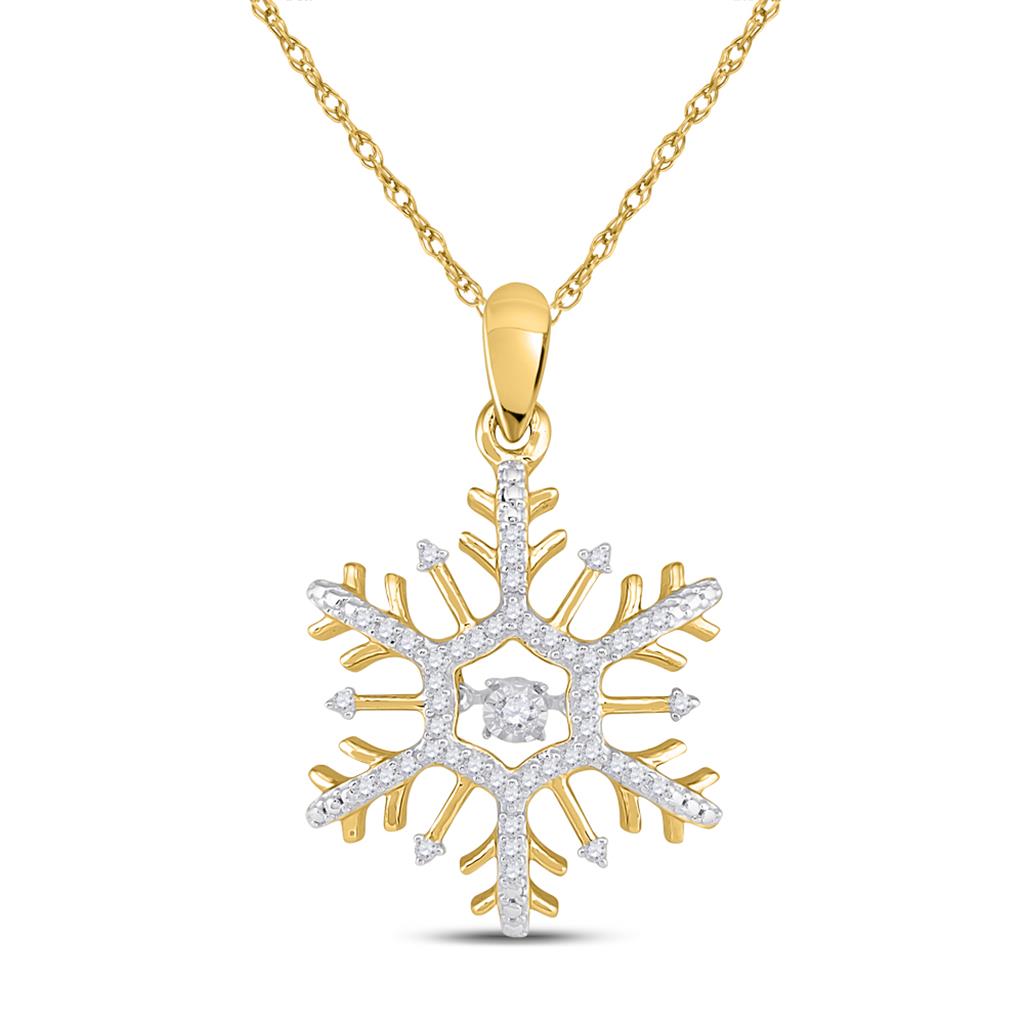 10k Yellow Gold Round Diamond Snowflake Winter Cluster Pendant 1/6 Cttw