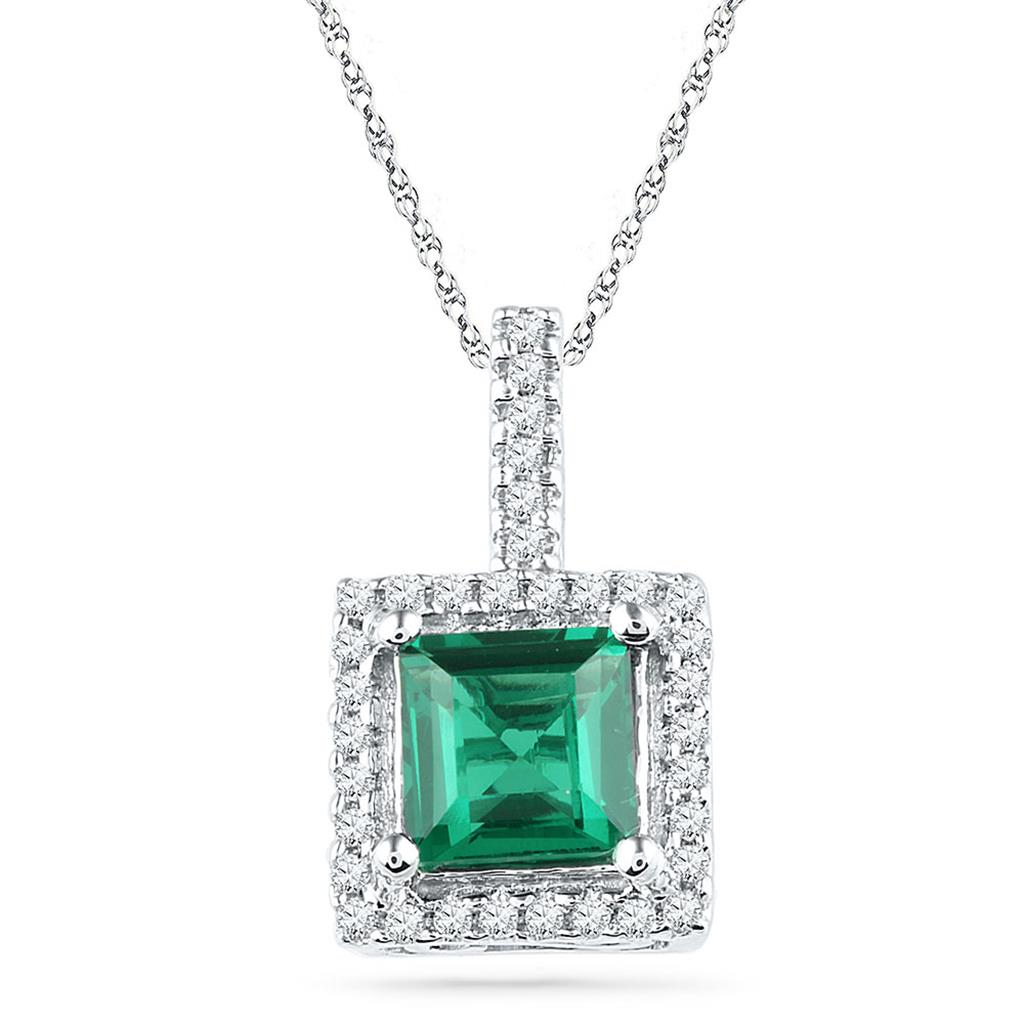 14k White Gold Cushion Created Emerald Solitaire Diamond Pendant 1-3/8 Cttw