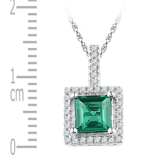 14k White Gold Cushion Created Emerald Solitaire Diamond Pendant 1-3/8 Cttw