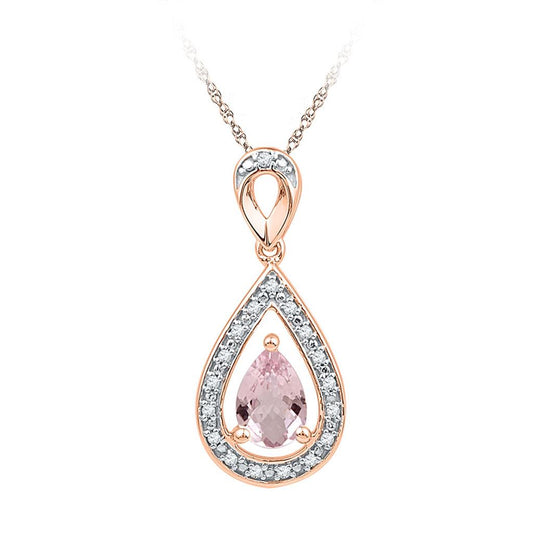 10k Rose Gold Pear Morganite Diamond Solitaire Teardrop Pendant 5/8 Cttw