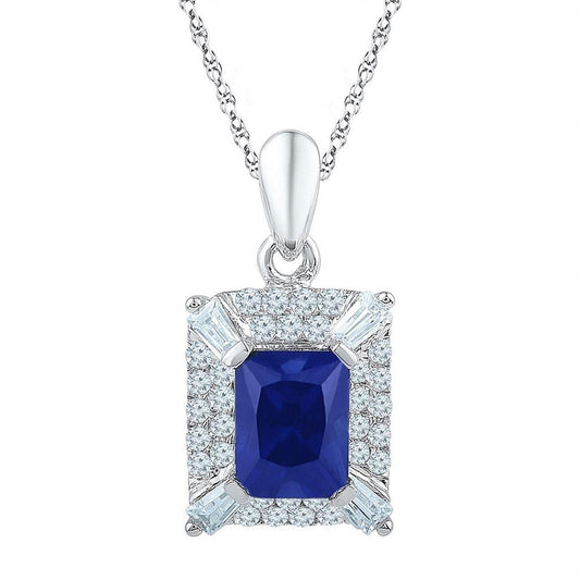 14k White Gold Cushion Created Blue Sapphire Solitaire Pendant 2-5/8 Cttw