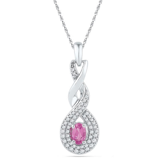 14k White Gold Oval Created Pink Sapphire Solitaire Pendant 3/8 Cttw