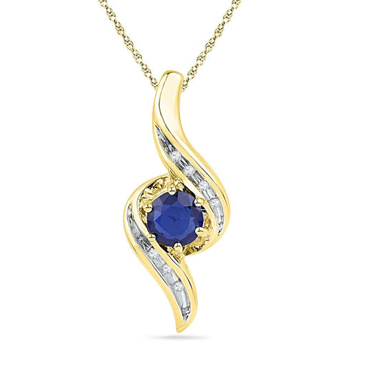 10k Yellow Gold Round Created Blue Sapphire Solitaire Diamond Pendant 3/4 Cttw