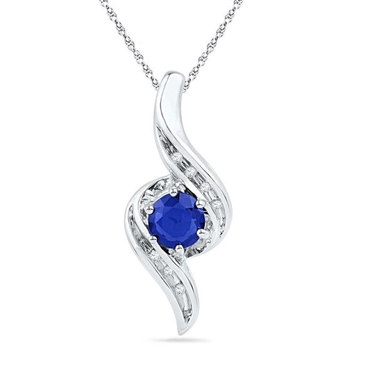 14k White Gold Round Created Blue Sapphire Solitaire Diamond Pendant 3/4 Cttw