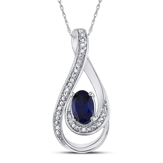 14k White Gold Oval Created Blue Sapphire Solitaire Diamond Pendant .02 Cttw