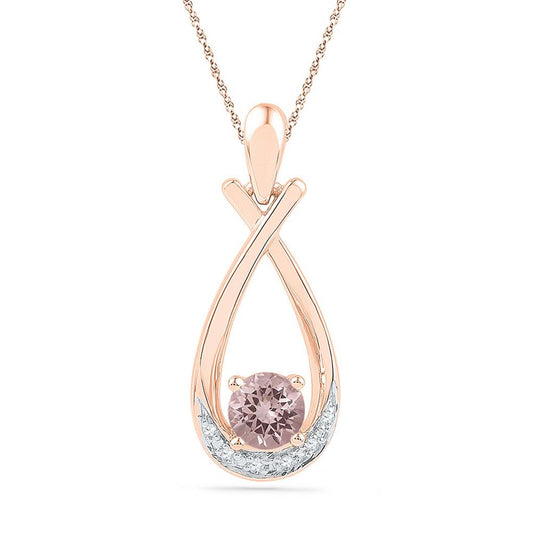 10k Rose Gold Round Created Morganite Diamond Teardrop Pendant 3/8 Cttw