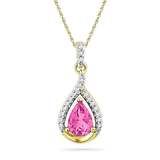 10k Yellow Gold Pear Created Pink Sapphire Solitaire Diamond Pendant 1-5/8 Cttw