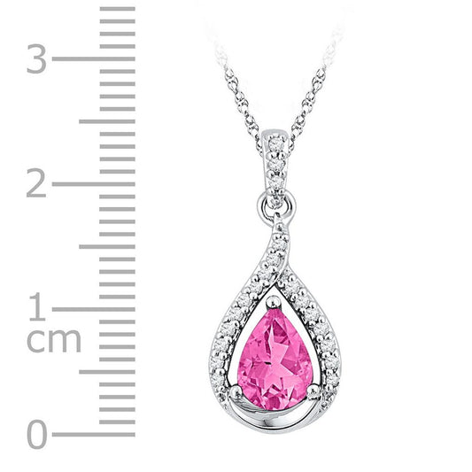 14k White Gold Pear Created Pink Sapphire Solitaire Diamond Pendant 1-5/8 Cttw