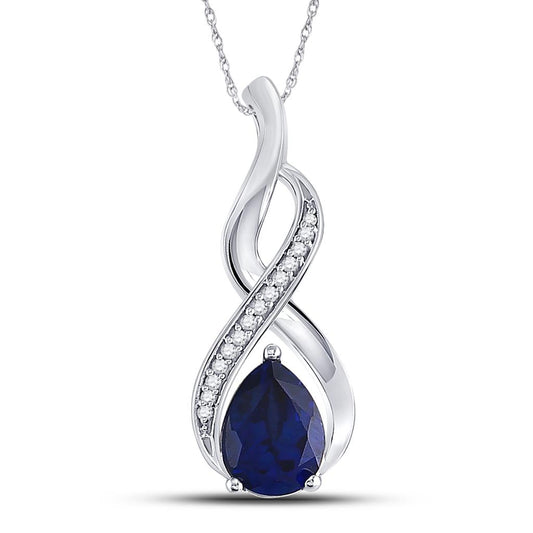 14k White Gold Pear Created Blue Sapphire Solitaire Pendant 1-3/4 Cttw