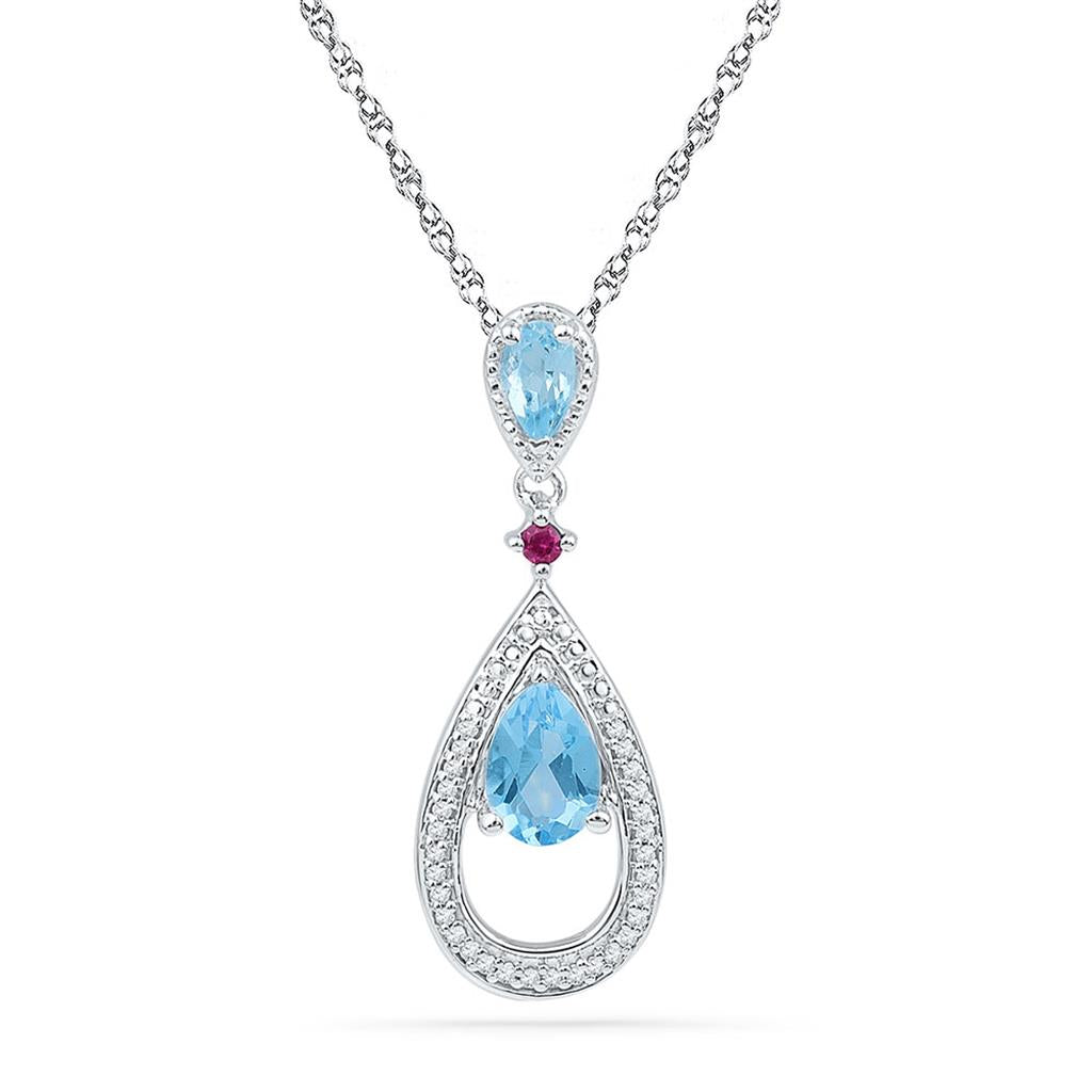 14k White Gold Pear Created Blue Topaz Diamond Teardrop Pendant 7/8 Cttw