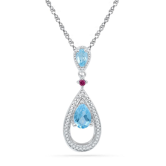 14k White Gold Pear Created Blue Topaz Diamond Teardrop Pendant 7/8 Cttw