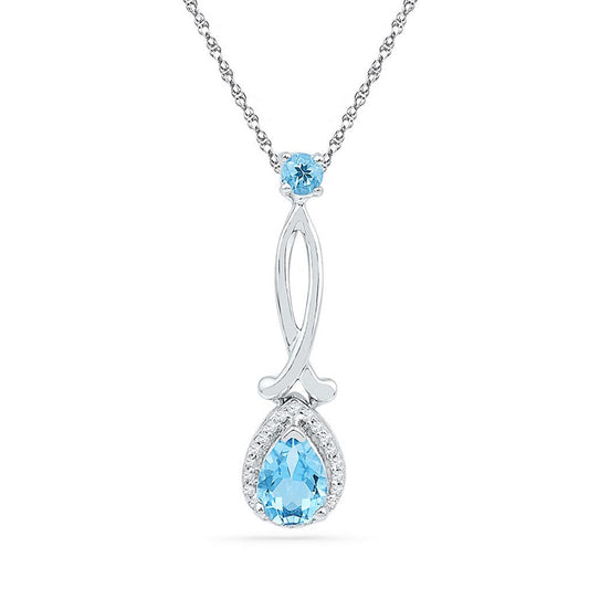 14k White Gold Pear Created Blue Topaz Diamond Solitaire Pendant 1 Cttw