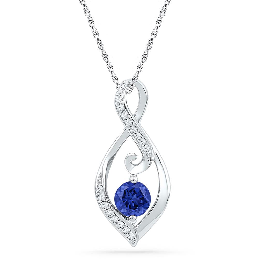 14k White Gold Round Created Blue Sapphire Solitaire Diamond Pendant 1/10 Cttw