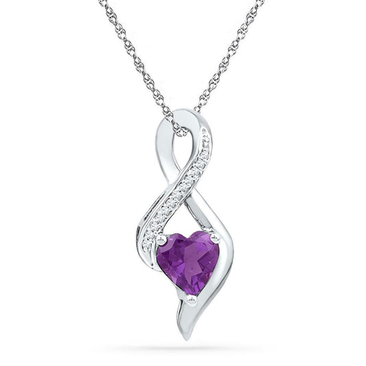 14k White Gold Created Amethyst Heart Solitaire Infinity Pendant 1/20 Cttw