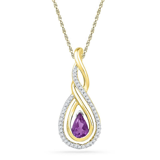 10kt Yellow Gold Pear Created Amethyst Diamond Teardrop Pendant 1/2 Cttw