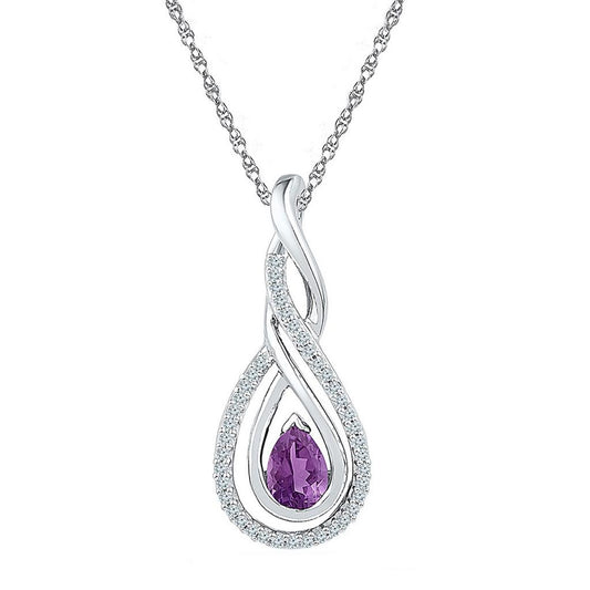 14kt White Gold Pear Created Amethyst Diamond Teardrop Pendant 1/2 Cttw