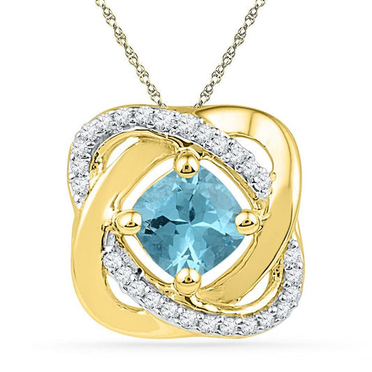 10k Yellow Gold Princess Created Blue Topaz Solitaire Diamond Pendant 3/4 Cttw